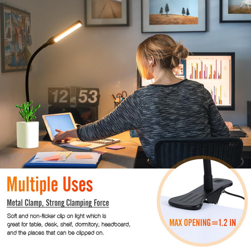 Clip on Reading Light, Clip Light with Warm & Daylight & White Light, 3 Colors, Eye-Care Clamp Lamp with 10 Modes