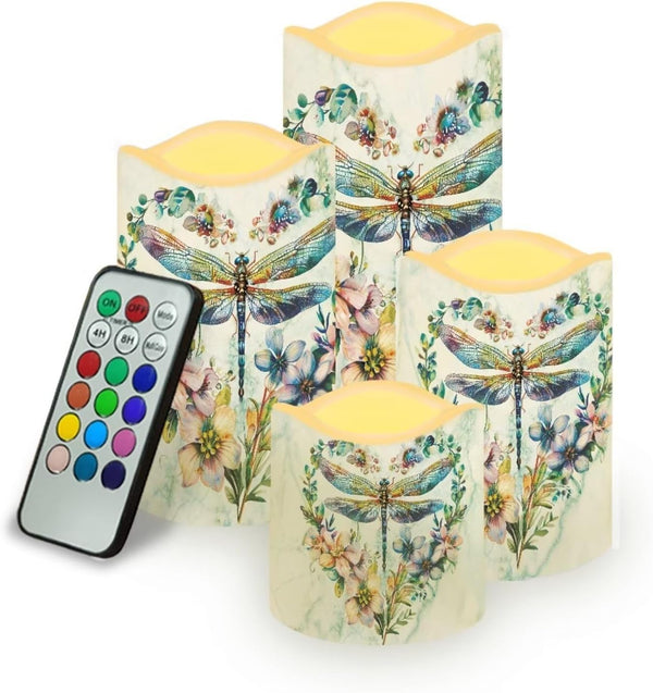 Dragonfly Floral Flameless Candles with Remote Timer Flickering LED Pillar Candles Color