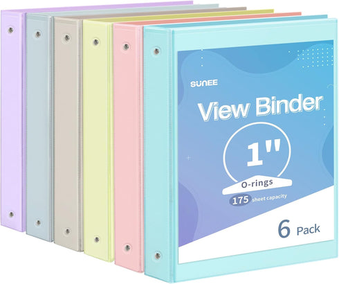 SUNEE 3 Ring Binder 1 Inch - 6 Pack Clear View PVC-Free Binder for School or Office Supplies, Pastel