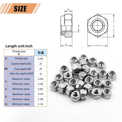 wegoup 1/4"-20 28 Pack A2-70 304 Stainless Steel Lock Nuts, Nylon Insert Hex Nuts, Self-Locking Stainless Steel Coarse