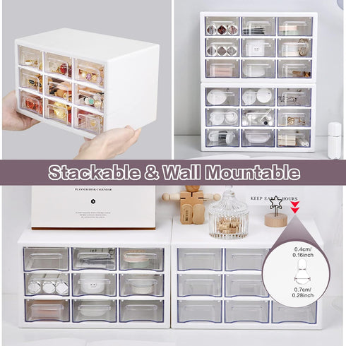 Desk Storage Organizer with 9 Drawers, MYKASEN Clear Plastic Storage Cabinet, Stackable Box for Makeup, Office Supplies