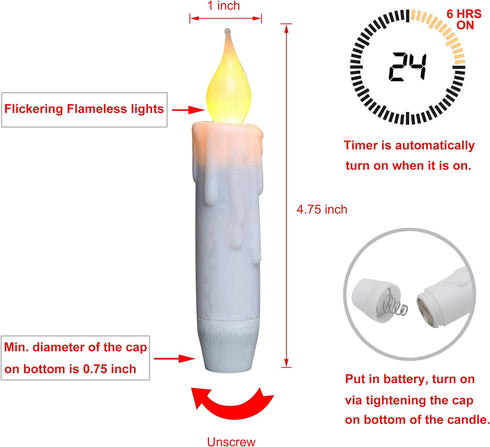 CVHOMEDECO. Set of 3 Flickering Taper Candles, LED Drip Flameless Candles, Battery Operated with Timer, White, 4-3/4