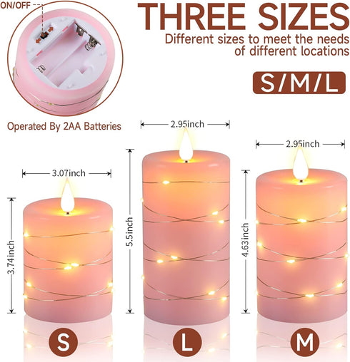 3 Pack-Pink Da by Flameless Candles with String LightsBattery Operated Candles,LED Flickering Candles with Remote