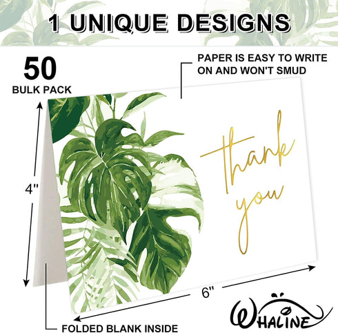 50 Packs Summer 4 6 Inch Whaline Gold Foil Thank You Cards Tropical Greenery Leaves Greeting Cards Monstera Blank Note