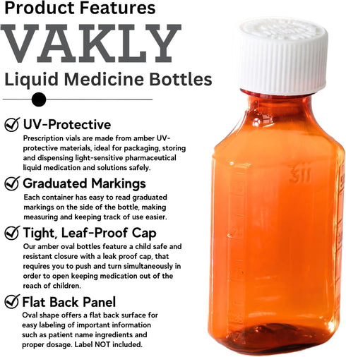 Plastic Amber Liquid Medicine Bottles with Child Resistant Caps, 2oz Pack of 10 Oval Pharmaceutical Prescription Bottles