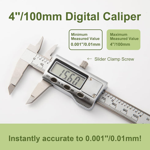 All-Metal Digital Caliper 0-4"Measuring Tool, Micrometer Caliper with Auto-Off Feature, Interchangeable Between inches and millimeters for DIY/Household and 3D Printing