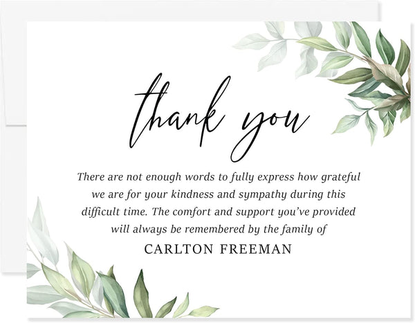 Personalized Greenery Funeral Thank You Cards with Envelopes, 5.5x4.25 Flat Sympathy Memorial
