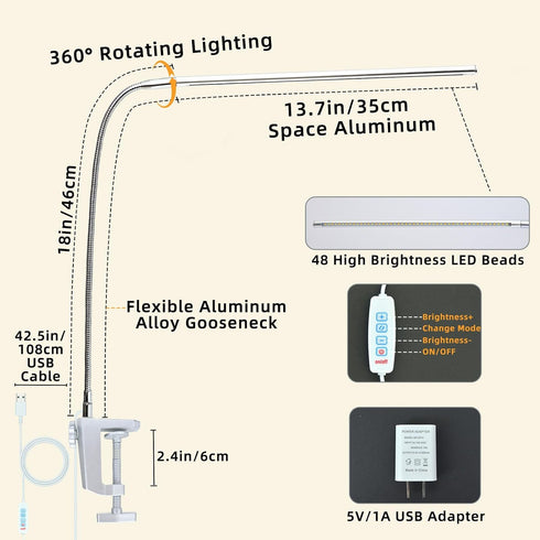 3 10 Space Aluminum LED Desk Lamp with Clamp, Clip on Light for Reading Study Desk Light Modes Brightness Flexible