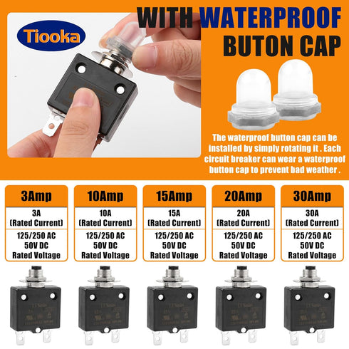 10A Manual Reset Button Circuit Breaker, 2 Pack, 125/250V AC, 50V DC, Thermal Overload Protector