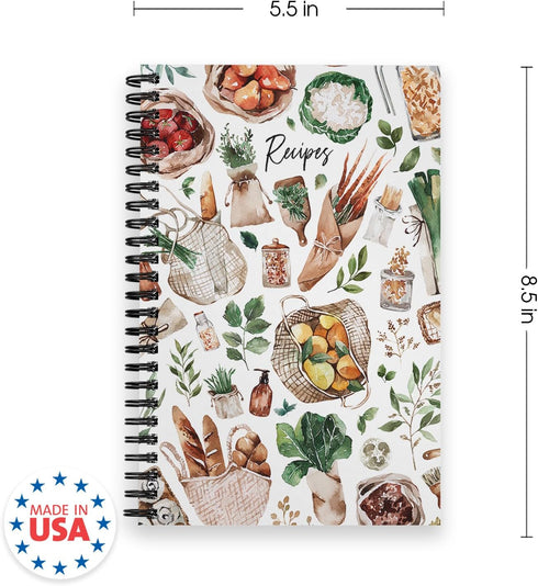 Boho Farmer's Market Notebook, 5.5" x 8.5" Spiral Watercolor Cookbook, 120 Recipe Pages, Durable Twin Loop Cover