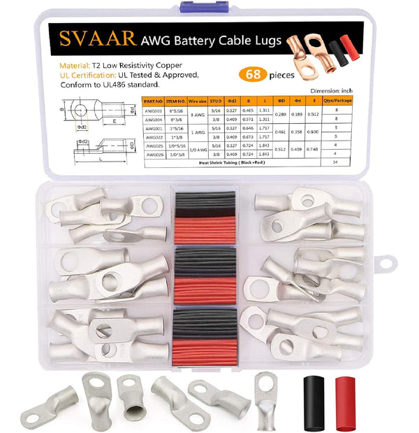 68pcs Battery Cable Ends, 1/0 AWG 1 AWG 8 AWG Tinned Copper Lugs, Heavy Duty Wire Ends with Heat Shrink Tube