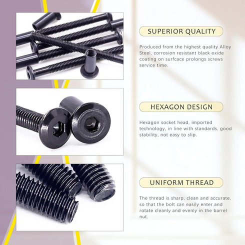 Swpeet 25Pcs M6x70mm Carbon Steel Black Hex Drive Socket Cap Bolts with 1Pcs Allen Wrench, Furniture Binding Bolts Kit