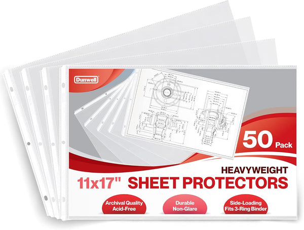 Dunwell 11x17 Sheet Protectors, 50 Pack HeavyWeight, 11 x 17" Ledger Size Plastic Sleeves for 3-Ring Binders
