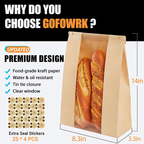 GOFOWRK 100 14" 8.3" 3.5" Pcs Large Kraft Bread Bags for Homemade Bread, x x Sourdough Bread Bags with Tin Tie Tab Lock