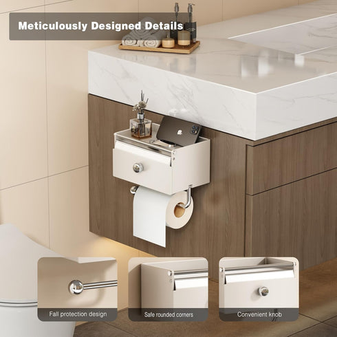 Voldra Toilet Paper Holder with Shelf, Flushable Wipes Dispenser for Bathroom, Adhesive Toilet Paper Roll Holder
