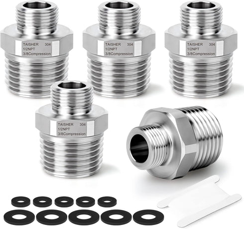TAISHER 5PCS 304 Stainless Steel Reducer Faucet Adapter, 1/2" NPT × 3/8" Compression