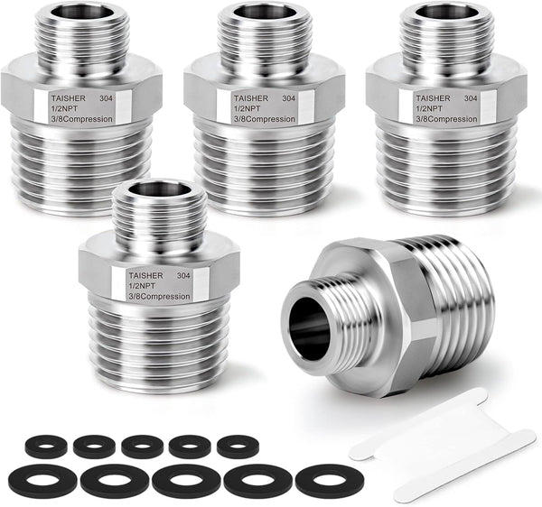TAISHER 5PCS 304 Stainless Steel Reducer Faucet Adapter, 1/2" NPT × 3/8" Compression