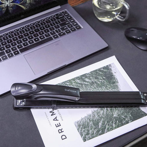 Long Reach Stapler, 2000 Staples & Stapler Remover, Full Strip, 20-25 Sheet Capacity, Black with Built-in Ruler
