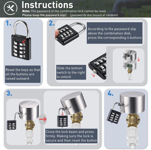 2 Pack 4 1.3-2.5" Outdoor Faucet Spigot Lock, Locks Water Hose Bibs Locks Outdoor with Metallic Stainless Steel Gate