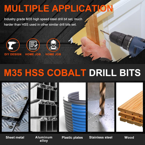 COMOWARE Cobalt Drill Bit Set - 21Pcs M35 High Speed Steel Twist Jobber Length for Hardened Metal, Stainless Steel,