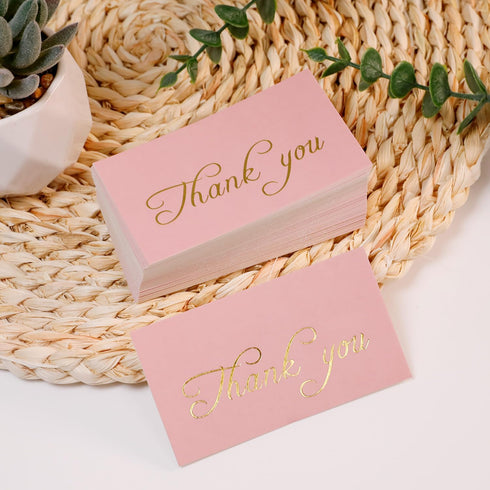 SMOQYKBW 100 3.5 2 inch small pink x gold foil thank you cards with free write on back, perfect for small business