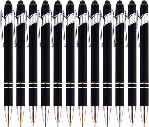 PASISIBICK 12 Pieces Black Ballpoint Pen with Stylus Tip, 2 in 1 Premium Metal Stylus Pen for Touch Screens, Black Ink