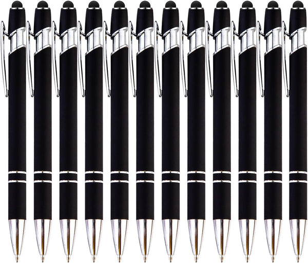 PASISIBICK 12 Pieces Black Ballpoint Pen with Stylus Tip, 2 in 1 Premium Metal Stylus Pen for Touch Screens, Black Ink