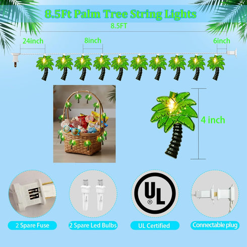 8.5Ft 10 Summer Palm Tree Lights Outdoor, Patio Lights String with LED Beach Themed Lights for Indoor Bedroom Tiki