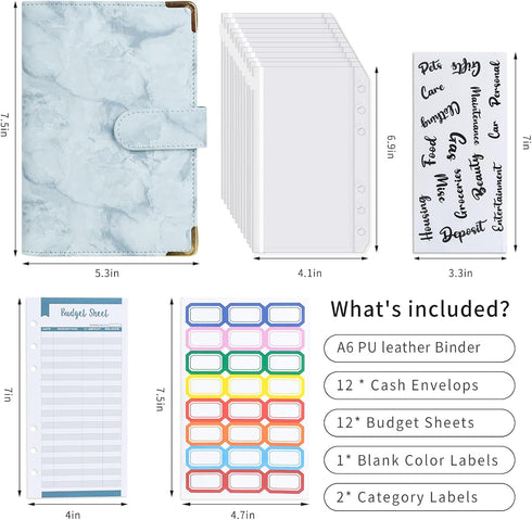 A6 Budget Binder Leather Cash Envelopes Money Saving Binder with Zipper Envelopes for Budgeting Blue