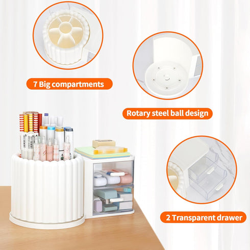 LETURE Rotating Office Desk Organizers with 2 Drawers, Pencil Pen Marker Holder for Home, Art Supplies (White)