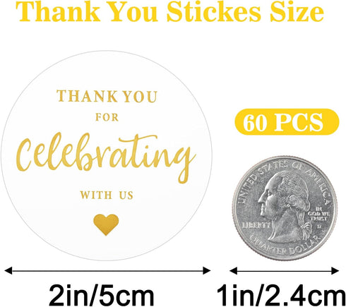 G2PLUS Thank You for Celebrating with Us Stickers, 60PCS 2 Inch Round Labels for Wedding, Birthday, Baby Shower, Party