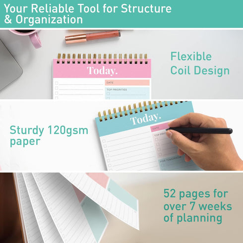 S&O Daily Planner Notepad for Productivity, 52 Page Daily To Do Planner, Undated Organizer, Coiled Daily Task Planner
