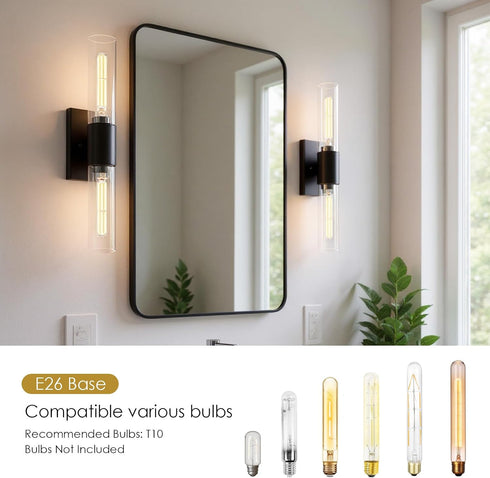 21" Mirror,2-Light E26 T10 Bulbs(Excluded) Matte Black Bathroom Light Fixtures Over Bathroom Vanity Lights Above