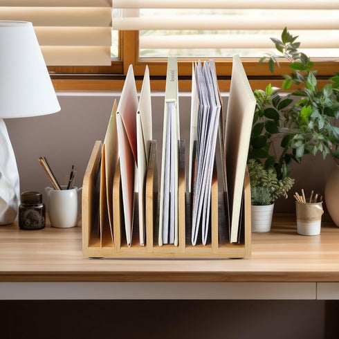 Bamboo Desk Mail Organizer, 5 Compartments File Holders, Countertop Paper Organizer for Home Office School
