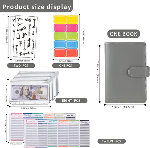 Budget Binder Cash Envelopes for Cash Money Organizer with Zipper Envelopes, A6 Leather Budget Binder (Full Grey)