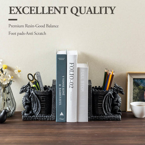 MyGift Black Resin Dragon Decorative Bookends, Heavy Books with Pencil Holder for Desk, Office Supplies Fantasy Dragons