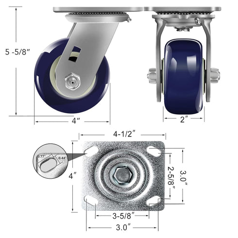 4 Inch Heavy Duty Industrial Casters, Polyurethane on Polyolefin, Loading Capacity up to 600 LB