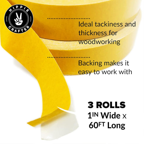 HIPPIE CRAFTER 3 Pk Double Stick Tape Double Sided Woodworking Tape 1" inch Wide Wood Tape for Woodworkers CNC Machines Routing Templates Strong Heavy Duty 60 Feet Each - 180FT Total