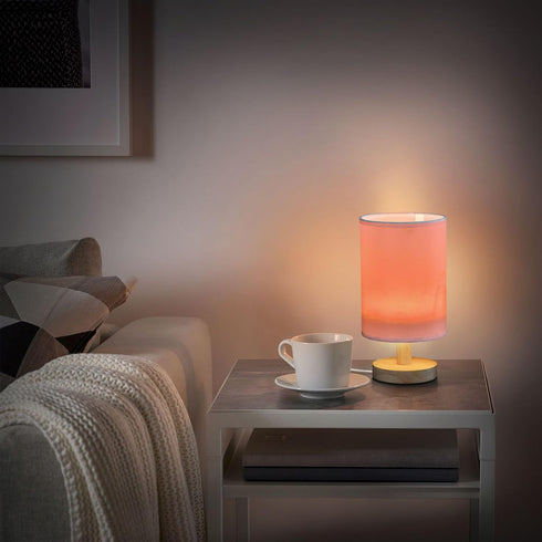Bulb) Salmon Bedside Table Lamp for Bedroom Nightstand with USB Port Nightstand Lamp with Round Flaxen Fabric Shade