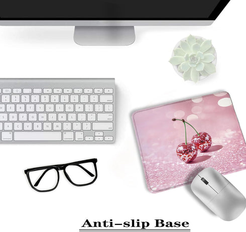 XUNLURY Y2K 9.5x7.9 Inch Trendy Pink Disco Ball Cherry Mouse Pad, Funky Preppy Glitter Cherry Fruit Mousepads