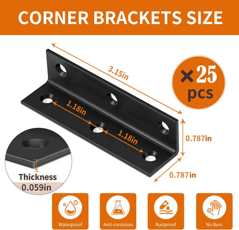 REDOVANT 25Pcs 3.15 0.78 80MM 3Inch Stainless Steel Angle Brackets, x Heavy Duty Corner Brace for Wood, Black Shelf