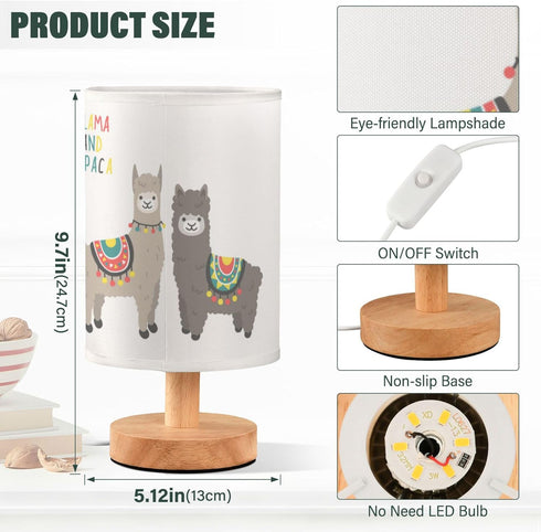 YYZZH Cute Llama Alpaca Funny Smile Animal Table Lamp with Wood Base Fabric Lamp Shade Bedside Nightstand Desk Lamp