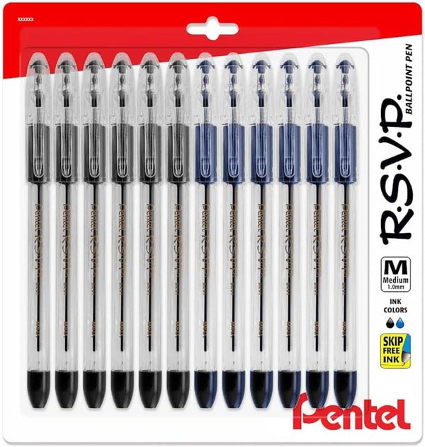 Pentel RSVP Medium Point Pens, 1.0mm - 12 Pack of 6 Black & 6 Blue Ballpoint Pens