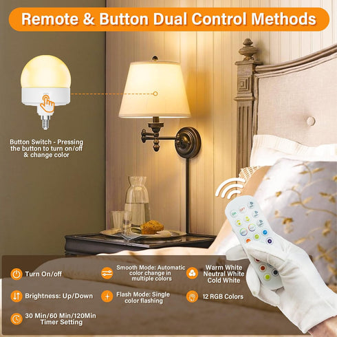 E12 4000mAh Bulb Dimmable, 3 Temperature+12 Bulbs 2 Pack TAIYALOO Rechargeable Lamps, Battery Backup with Remote