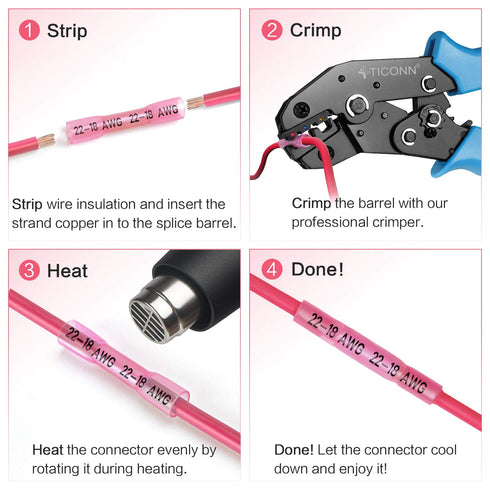 TICONN Red 200PCS Heat Shrink Butt Wire Connector Kit, Insulated Waterproof Electrical Marine Automotive Crimp Terminals
