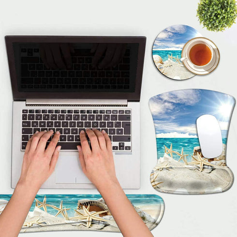Ergonomic Mousepad with Wrist Support Gel, Comfortable Keyboard Pad Set, Seashells Beach Design, Non-Slip Base