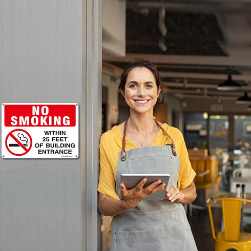 No Smoking Within 25 Feet of Building Entrance Sign, 4 Pack - 10"x7" Rust Free Reflective Aluminum, Weatherproof