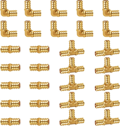 30 Pcs 1/2 Inch PEX Fitting, Straight/90 Degree Elbow/Tee Brass Coupling for PVC Tubing Connection