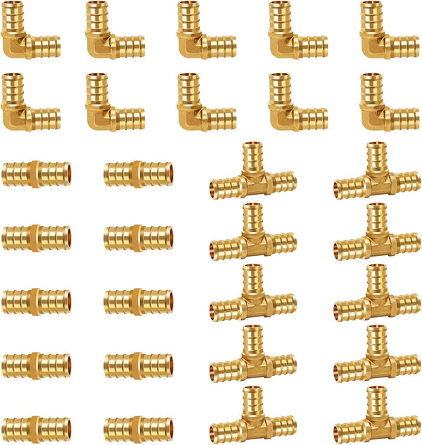 30 Pcs 1/2 Inch PEX Fitting, Straight/90 Degree Elbow/Tee Brass Coupling for PVC Tubing Connection
