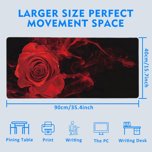 Large Extended Mouse Pad Red Smoke Rose Desk Mat,Large Gaming Mouse Pad,Big Desk Pad with Thick Stitched Edges Suit for Home Office or Gaming 35.4x15.7 Inch by Uiaoiais